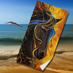 Add Name Text, Black Fantasy Horse with Gold Blue  Beach Towel