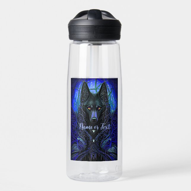 Add Name Text, Black Wolf Dog on Blue     Water Bottle (Front)