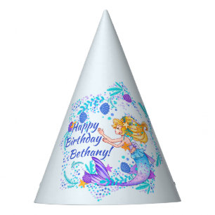 Add Name Text Blonde Mermaid Blue Mauve Aqua Party Hat