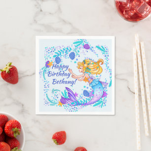 Add Name Text Blonde Mermaid Blue Mauve Aqua Party Napkin