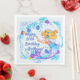 Add Name Text Blonde Mermaid Blue Mauve Aqua Party Napkin