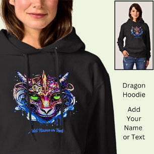 Add Name Text, Blue Pink Fantasy Dragon Green Eyes Hoodie