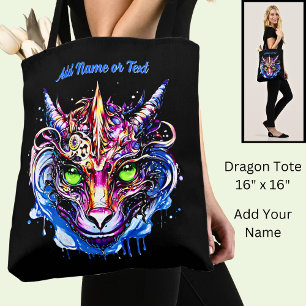Add Name Text, Blue Pink Fantasy Dragon Green Eyes Tote Bag