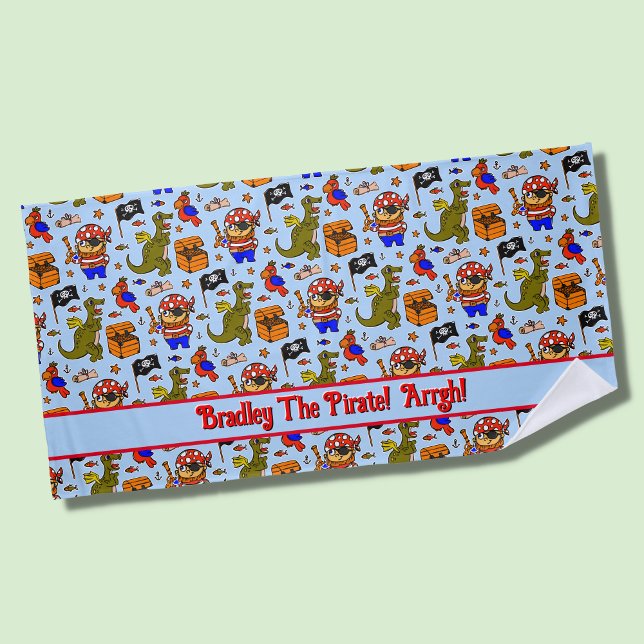 Add Name Text Child's Pirate Symbols Icons, Blue  Beach Towel (Creator Uploaded)