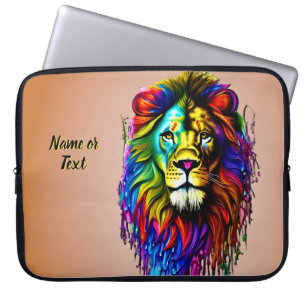 Add Name Text, Colorful Paint Drip Lion Laptop Sleeve