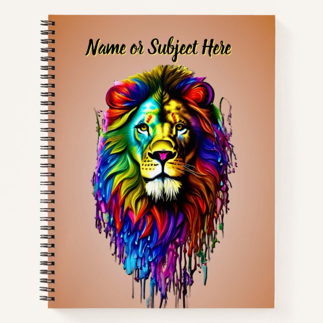 Add Name Text, Colourful Paint Drip Lion  Notebook (Front)