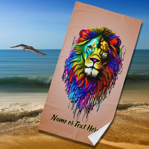 Add Name Text, Colourful Paint Drip Lion on Brown Beach Towel