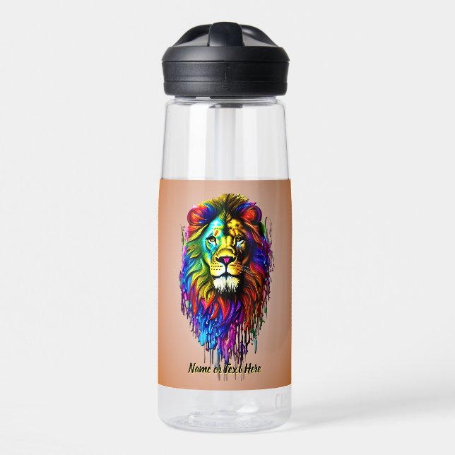 Add Name Text, Colourful Paint Drip Lion   Water Bottle (Front)
