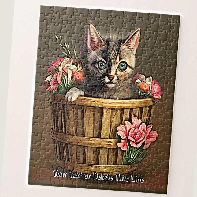 Add Name Text, Cute Adorable Kitten Basket Flowers Jigsaw Puzzle (Creator Uploaded)