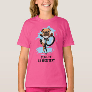 Add Name Text Cute Pug Dog Riding on Bike Bicycle  T-Shirt