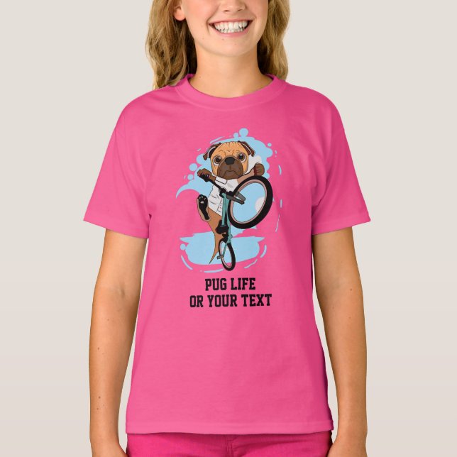 Add Name Text Cute Pug Dog Riding on Bike Bicycle  T-Shirt (Front)