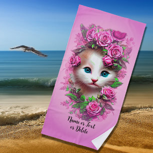 Add Name Text, Cute Shabby Chic Kitten, Pink Roses Beach Towel