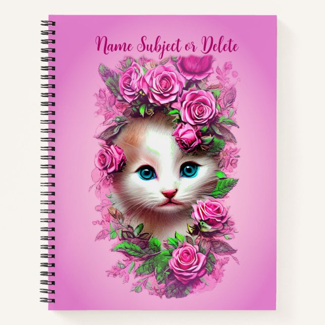 Add Name Text, Cute Shabby Chic Kitten, Pink Roses Notebook (Front)
