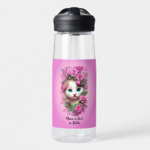 Add Name Text, Cute Shabby Chic Kitten, Pink Roses Water Bottle