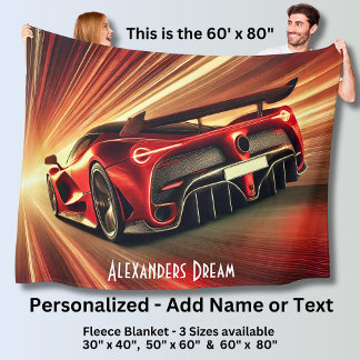 Add Name Text, Dramatic Modern Car in Red Burst Fleece Blanket