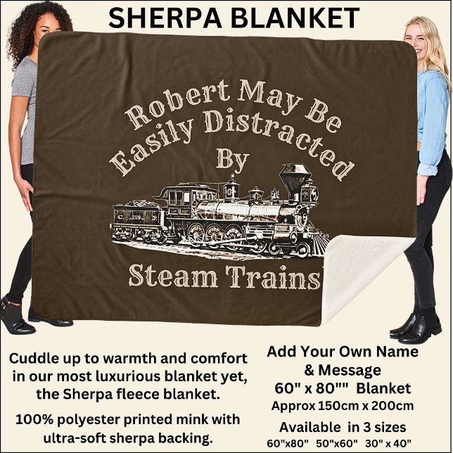 Add Name Text - Easily Distracted By Steam Trains  Sherpa Blanket (Creator Uploaded)