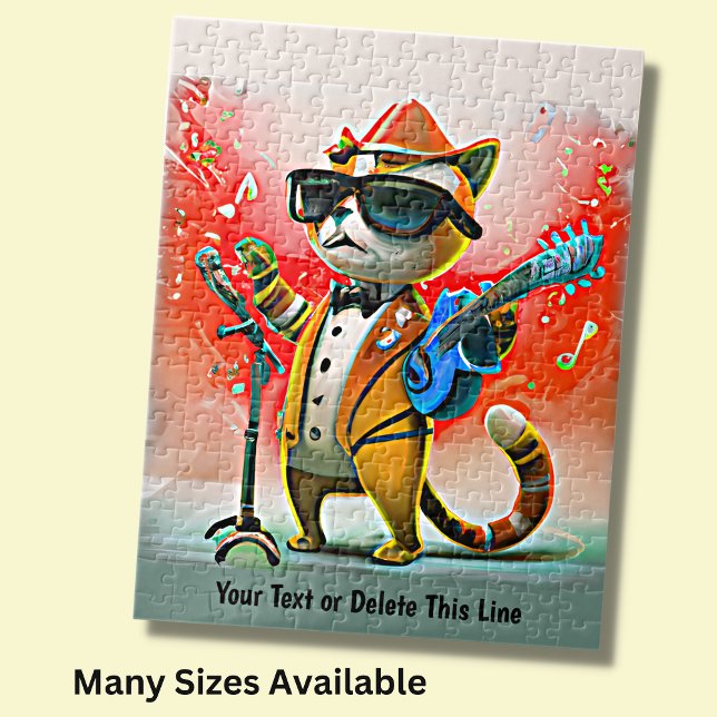 Add Name Text Ginger Cat Singer Sunglasses Hat Jigsaw Puzzle (Creator Uploaded)