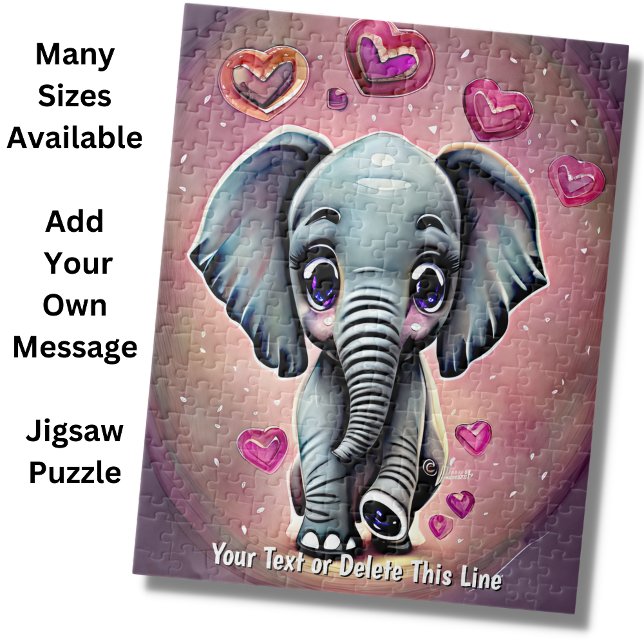 Add Name Text, Grey Baby Elephant with Pink Hearts Jigsaw Puzzle (Creator Uploaded)
