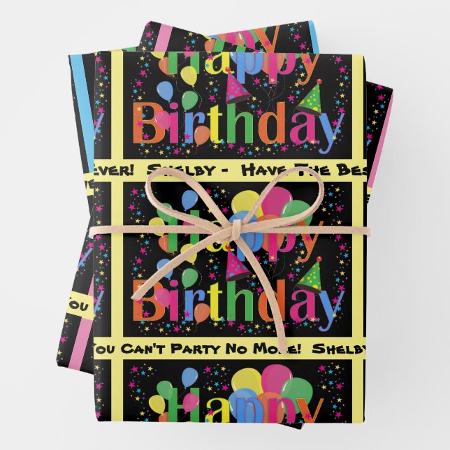 Add Name & Text Happy Birthday Balloons 3 Wrapping Paper Sheet (In situ)