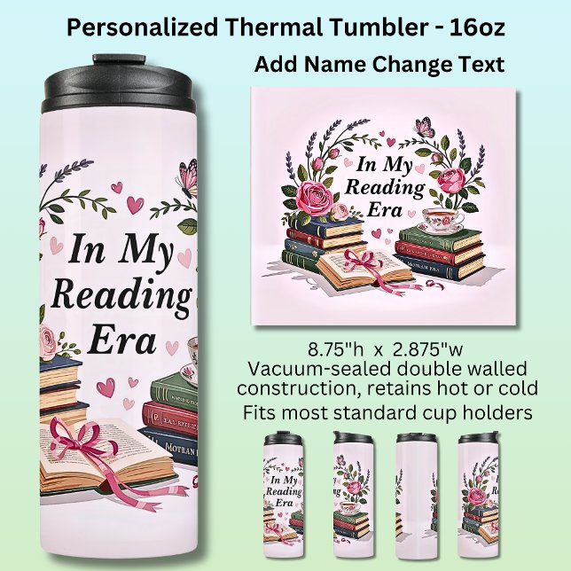 Add Name Text In My Reading Era Pink Books Flowers Thermal Tumbler (Creator Uploaded)