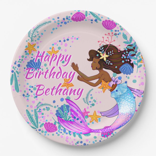 Add Name Text Mermaid Pink Mauve Aqua Party Paper Plate (Front)