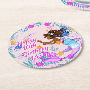 Add Name Text Mermaid Pink Mauve Aqua Party Round Paper Coaster