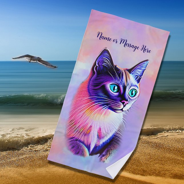 Add Name Text, Pastels Painted Siamese Cat         Beach Towel (Creator Uploaded)