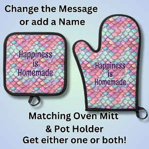 Add Name Text, Pink Aqua Mermaid Scales with Stars Oven Mitt & Pot Holder Set