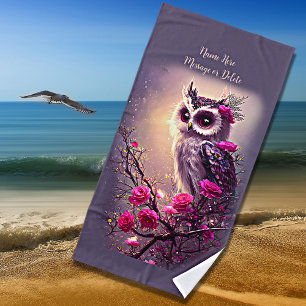 Add Name Text, Purple Owl & Pink Flowers Beach Towel
