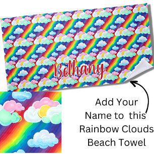 Add Name Text, Rainbow Cotton Candy Clouds Beach Towel