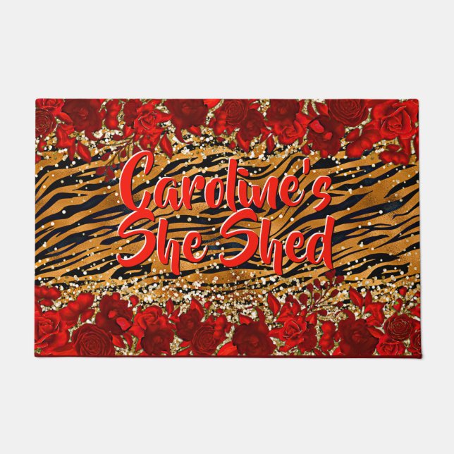 Add Name Text She Shed Tiger Stripes Red Flowers   Doormat (Front)
