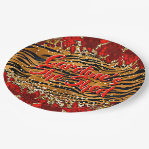 Add Name Text She Shed Tiger Stripes Red Flowers Paper Plate