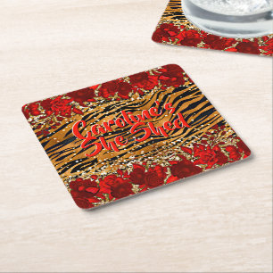 Add Name Text She Shed Tiger Stripes Red Flowers   Square Paper Coaster