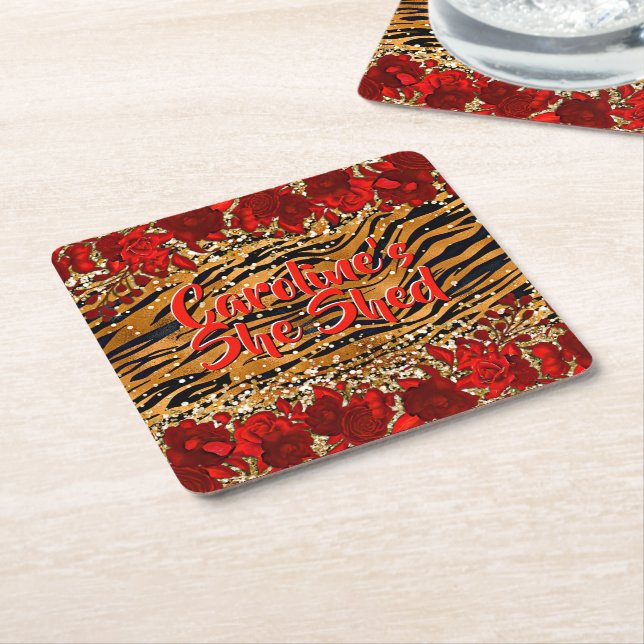Add Name Text She Shed Tiger Stripes Red Flowers   Square Paper Coaster (Angled)