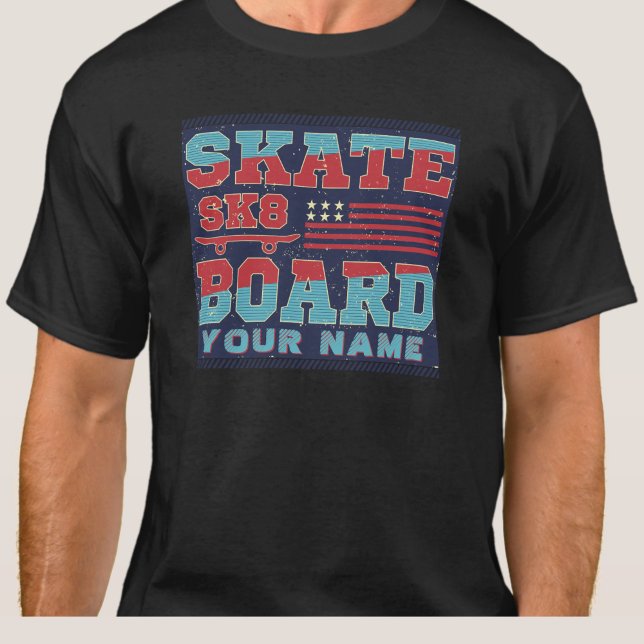 Add Name Text Skateboard SK8 USA Flag Red Blue     T-Shirt (Creator Uploaded)