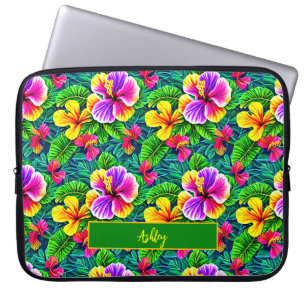 Add Name Text Tropical Hibiscus Flower Jungle Leaf Laptop Sleeve