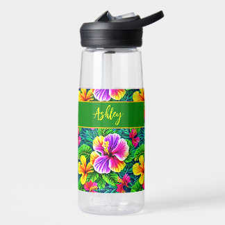 Add Name Text Tropical Hibiscus Flower Jungle Leaf Water Bottle