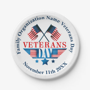 Add Name Text Veterans Day Flag Celebration Party Paper Plate