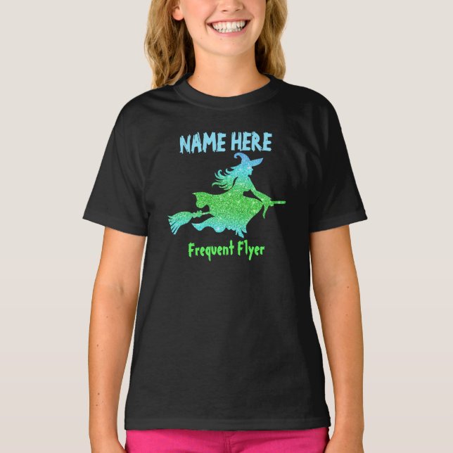 Add Name & Text Witch Flying Broomstick Halloween T-Shirt (Front)