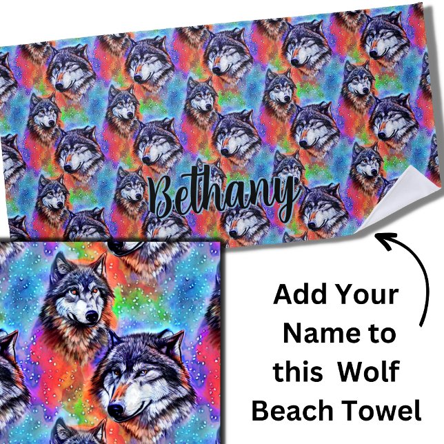 Add Name Text, Wolf Head on Bright Pastel Colours Beach Towel (Creator Uploaded)