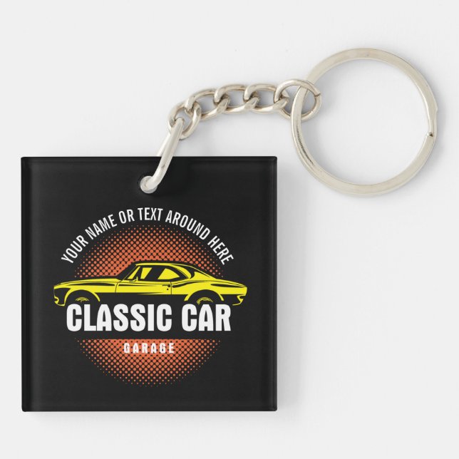 Add Name Text Yellow Classic Car  Key Ring (Back)