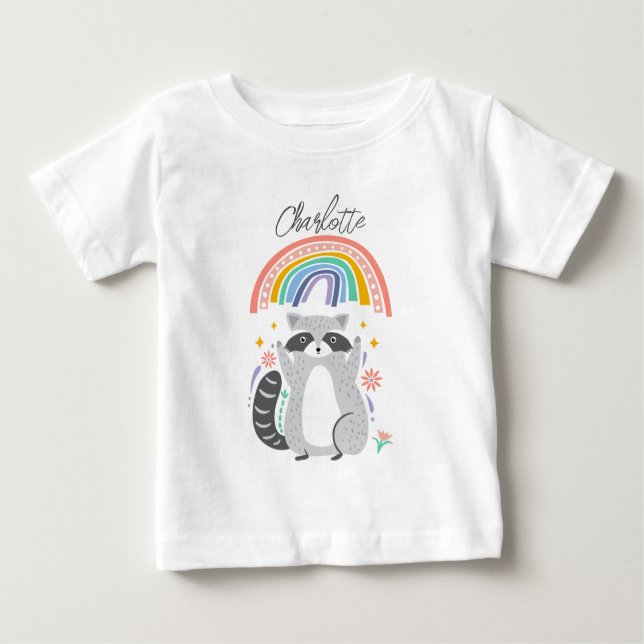 Add Name to Racoon and rainbow Birthday Party Baby T-Shirt (Front)