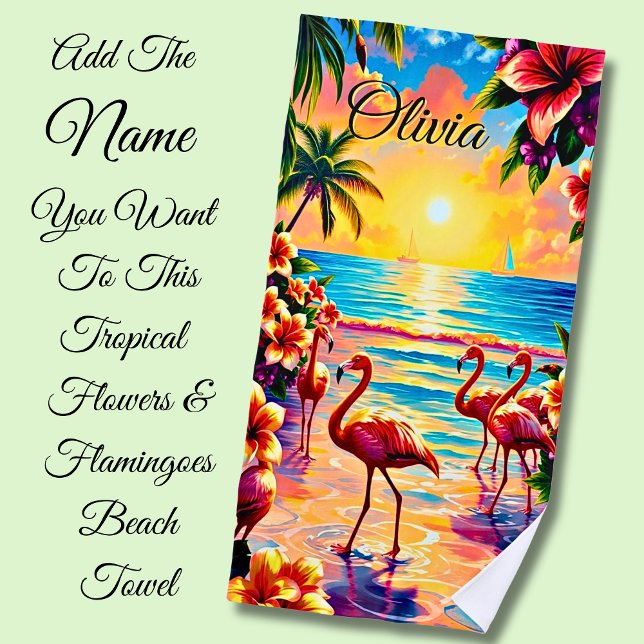 Add Name Tropical Flowers & Flamingoes on  Beach Towel (Creator Uploaded)