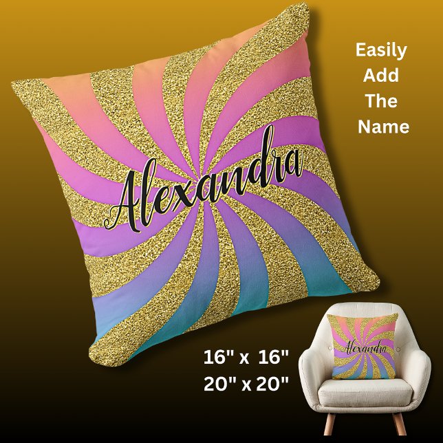 Add Name Twisted Sunburst Pop Art Sparkles Rainbow Cushion (Creator Uploaded)