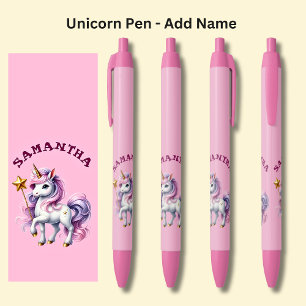 Add Name, Unicorn with a Star Wand on Pink Black Ink Pen
