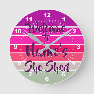 Add Name Welcome to She Shed Pink Retro Sunset     Round Clock