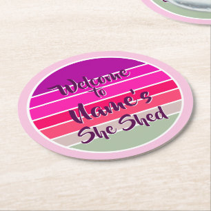 Add Name Welcome to She Shed Pink Retro Sunset     Round Paper Coaster
