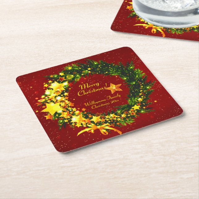 Add Name Year Christmas 20xx Gold Wreath on Red  Square Paper Coaster (Angled)