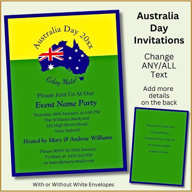 Add Name Year Date Australia Day Green Gold Party Invitation (Creator Uploaded)