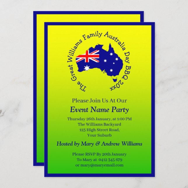 Add Name Year Date Australia Day Party Green Gold  Invitation (Front/Back)